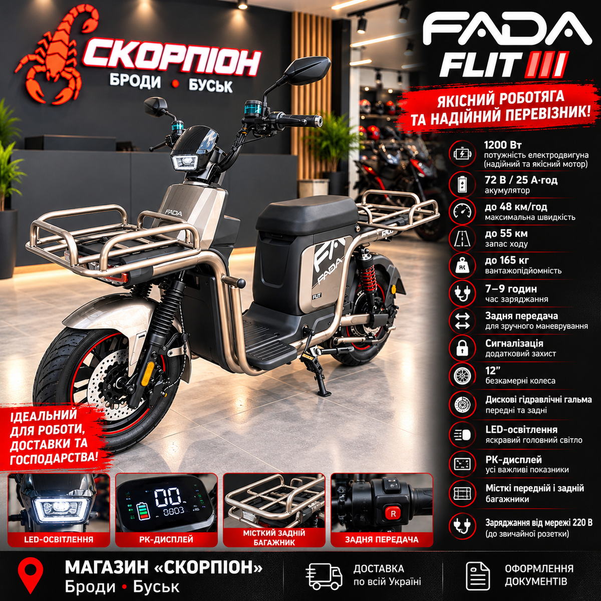 FADA FLIT III — електроскутер 1200 Вт, 72 В / 25 А·год